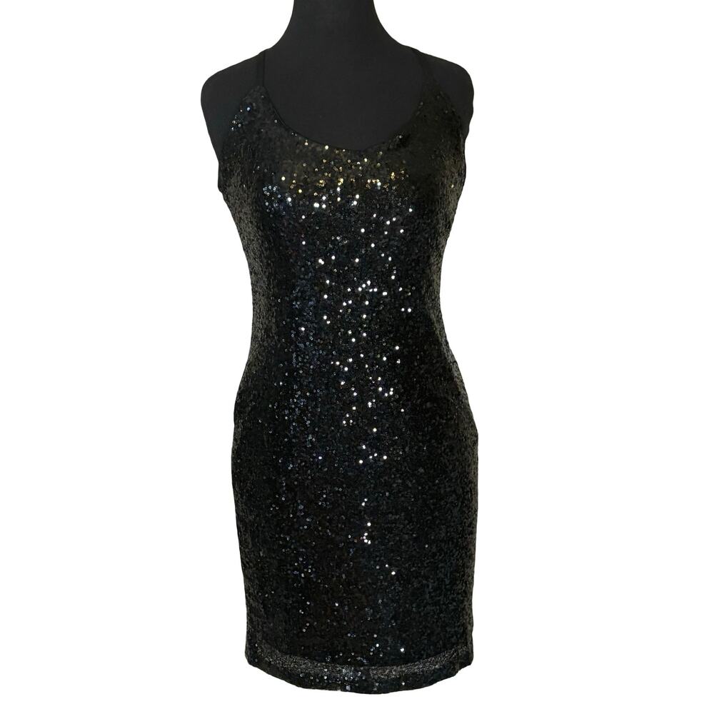 Ellie & Kate Sequin Bodycon Mini Dress Medium Black Crisscross Party